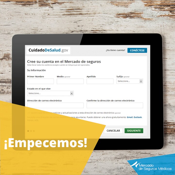 Cree su cuenta en el Mercado de seguros. Empecemos!