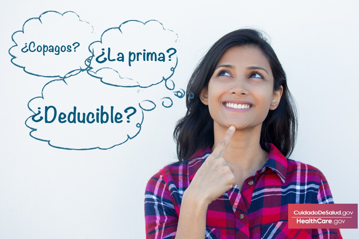 {infórmese sobre todos los costos del cuidado de la salud, tales como deducibles, copagos y primas} Image: {Mujer considerando todos los costos del cuidado de la salud, incluyendo primas, deducibles, copagos}