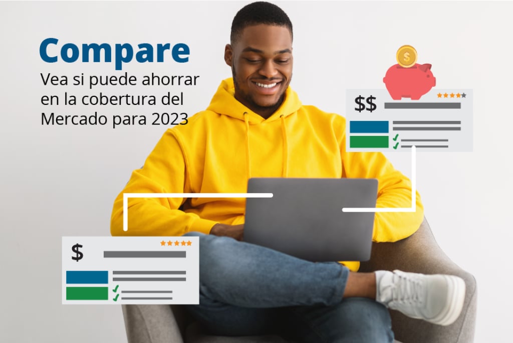 compare-vea-si-puede-ahorrar-en-la-cobertura-del-mercado-2023 Una persona está sentada en una silla mirando una computadora portátil. Las imágenes de dibujos animados de una alcancía y la información sobre el costo del plan de salud se muestran junto a la persona.