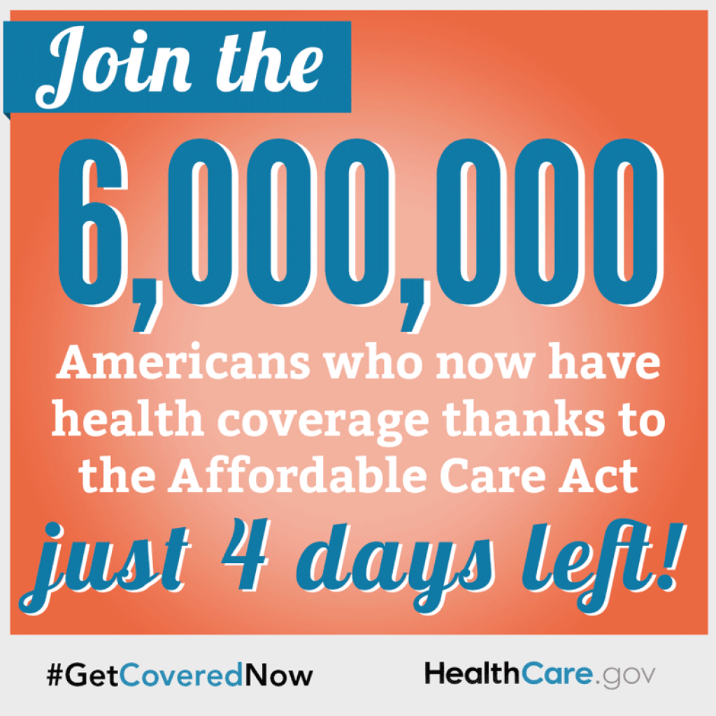 Únase a los 6 millones de estadounidenses que ahora cuentan con cobertura médica gracias a la Ley del Cuidado de Salud de Bajo Precio. Solo quedan 4 días.