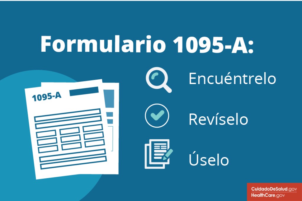Gráfico de formulario de impuestos en blanco con las palabras "Formulario 1095-A: Encuéntrelo, compruébelo, úselo".