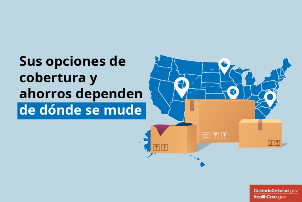 Sus opciones de cobertura y ahorros dependen de dónde se mude Cajas móviles de dibujos animados apiladas frente a un mapa azul de los Estados Unidos.Hay pines que muestran puntos de ubicación marcados en el mapa.