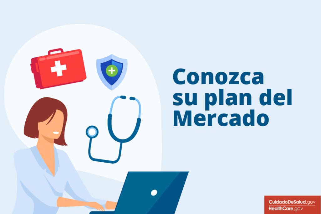 Conozca su plan del Mercado Mujer revisando una computadora con el texto “Conozca su plan del Mercado.